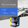 A split image showing marketing text and features on the left, and a modern office space on the right. In the foreground, there are four ink cartridges. Produktbild-Vorschau
