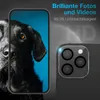 A close-up of a smartphone camera lens protector with a dog's face on the phone screen. Produktbild-Vorschau