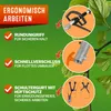 Marketing graphic highlighting features of a gardening tool with text and circular insets showing product details. Produktbild-Vorschau