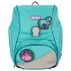 A teal colored backpack with patches of a horse and a castle. Podgląd zdjęcia produktu