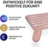 A pink Logitech keyboard and mouse are shown next to icons and text highlighting the product's eco-friendly features. Produktbild-Vorschau