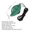 A green leaf-shaped portable radio with a digital display and a black lanyard, shown with dimensions and specifications. Voir les images du produit