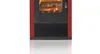 A close-up, studio shot of a modern red wood-burning stove with a fire burning inside. Produktbild-Vorschau