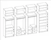 An isometric line drawing of modular wardrobe components, including tall cabinets with shelves and hanging rails, smaller cabinets with drawers, and open shelving units, arranged in a configuration. Podgląd zdjęcia produktu