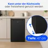 A black Bomann refrigerator is shown in a kitchen setting, integrated under a countertop. Text overlays provide information about its usage and dimensions. Produktbild-Vorschau