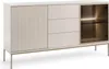 A modern sideboard with a fluted door, three drawers, and a glass-fronted cabinet with internal lighting, all supported by thin metal legs. Produktbild-Vorschau