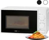 A white microwave oven is shown from a diagonal front view, with a plate of spaghetti in the foreground. Produktbild-Vorschau