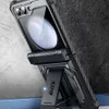 A black phone case with a kickstand is displayed at an angle. Produktbild-Vorschau