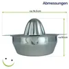 A stainless steel citrus juicer with dimensions indicated. A small smiley face graphic is present in the lower left corner. Produktbild-Vorschau