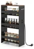A black four-tier rolling cart with a wooden top, filled with jars of spices and other food items. The cart has wheels and a handle on the side, and a power outlet and two knobs are visible on the side panel. Podgląd zdjęcia produktu