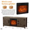 A marketing image showing a TV stand with an electric fireplace and dimensions, along with a separate image of the fireplace insert and text about shipping. Produktbild-Vorschau