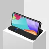 A black flip case for a smartphone is displayed on a white surface, angled to show the phone screen. Produktbild-Vorschau