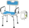 A shower chair with a blue seat and backrest, and gray armrests, shown against a white background. An inset image shows how the armrest can be detached. Náhled obrázku produktu