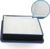 A close-up view of a white HEPA filter with a blue and black frame, set against a white background. A magnified inset shows the pleated texture of the filter material. Produktbild-Vorschau