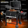 A charcoal grill with its lid open, showing burgers cooking on the grate. Various features are highlighted with text labels. Produktbild-Vorschau