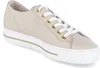 A single beige leather sneaker with white laces and gold eyelets is shown from a side angle on a white background. Produktbild-Vorschau
