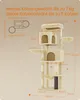 A multi-level cat tree with various platforms, cubbies, and a hammock, with dimensions and weight capacity indicated by text overlays. Produktbild-Vorschau