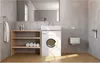 A modern bathroom with a washing machine integrated into a sink unit, a wooden shelf unit with towels, and a wall-mounted toilet. Anteprima dell’immagine prodotto