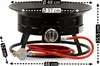 A black gas fire pit with a red hose and regulator, shown with dimensions. Produktbild-Vorschau