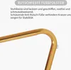 A close-up shot of a gold metal chair leg with text overlays describing its features. Produktbild-Vorschau
