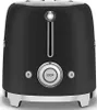 A black Smeg toaster with chrome accents is shown from the front on a white background. Voir les images du produit