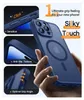 A hand holding a blue iPhone case with promotional text and diagrams highlighting its features. Produktbild-Vorschau