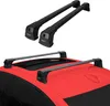 A pair of black roof racks shown separately and then mounted on the roof of a red car. Voir les images du produit
