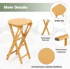 A close-up marketing image of a foldable bamboo bar stool, with inset images highlighting its features. Produktbild-Vorschau