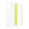 A clear, studio shot of a transparent phone case with a yellow strap attached, next to a white strip. Produktbild-Vorschau