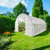 A white tunnel greenhouse filled with tomato plants is set up in a lush green garden on a sunny day. Anteprima dell’immagine prodotto
