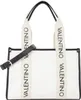 A white tote bag with black trim and straps, featuring the "Valentino" logo printed repeatedly on the straps. Anteprima dell’immagine prodotto