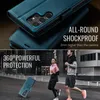 A split image showing a blue leather phone case with a camera cutout on the top half, and two people jogging in the bottom half with a phone case falling in the foreground. Produktbild-Vorschau