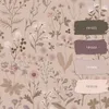 A seamless pattern of various wildflowers in muted tones of pink, purple, and brown on a beige background. Color swatches with numerical codes are overlaid on the right side of the image. Náhled obrázku produktu
