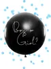 A black balloon with the text 'Boy or Girl?' written in white script, surrounded by blue confetti. Produktbild-Vorschau