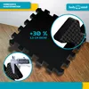 A close-up shot of black interlocking floor mats on a wooden surface, with inset images showing a caliper measuring the thickness of a mat and a close-up of the mat's textured surface. Text overlays highlight product features. Náhled obrázku produktu