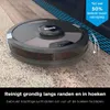 A robot vacuum cleaner is shown cleaning a floor transitioning from carpet to wood, with marketing text and graphics highlighting its edge cleaning capabilities. Produktbild-Vorschau
