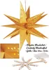 A golden star-shaped lantern with cut-out star patterns, shown hanging, with a close-up inset of the lantern's construction and a separate image of a battery-powered LED light string. Anteprima dell’immagine prodotto
