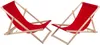 Two red deck chairs made of wood are shown against a white background. Produktbild-Vorschau