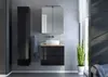 A modern bathroom vanity with a black cabinet, a white sink, and a wooden countertop, set against a gray tiled wall. Produktbild-Vorschau