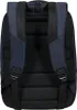 The back of a dark blue backpack with black mesh padding and straps. Produktbild-Vorschau