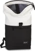 A roll-top backpack with a white top section and a black bottom section, shown from the front with the top unrolled. Náhled obrázku produktu