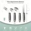 A set of adaptive cutlery with ergonomic handles, displayed against a light, abstract background with water droplet graphics. Produktbild-Vorschau