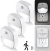 Collage of LED night lights plugged into wall outlets, showing them in use and off. Produktbild-Vorschau