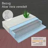 A cross-section of a mattress showing its internal layers, with an aloe vera plant and a spring illustration. Produktbild-Vorschau