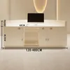 A reception desk with a computer on top, showing dimensions. Produktbild-Vorschau