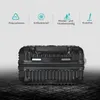 A black suitcase with feature icons and text above it. Produktbild-Vorschau