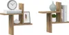 Two wooden wall shelves are displayed against a white background. The left shelf holds a clock, books, a vase, and a framed picture of a feather. The right shelf displays a vase, a potted plant, and books. Anteprima dell’immagine prodotto