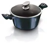 A dark blue pot with a speckled black lid and silver handle sits on a white surface, casting a shadow. Podgląd zdjęcia produktu