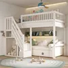 A white bunk bed with stairs and storage in a child's room. Produktbild-Vorschau