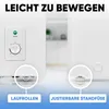 A split image showing two ways to move a white appliance, one with wheels and one with adjustable feet. Text overlays highlight these features. Produktbild-Vorschau